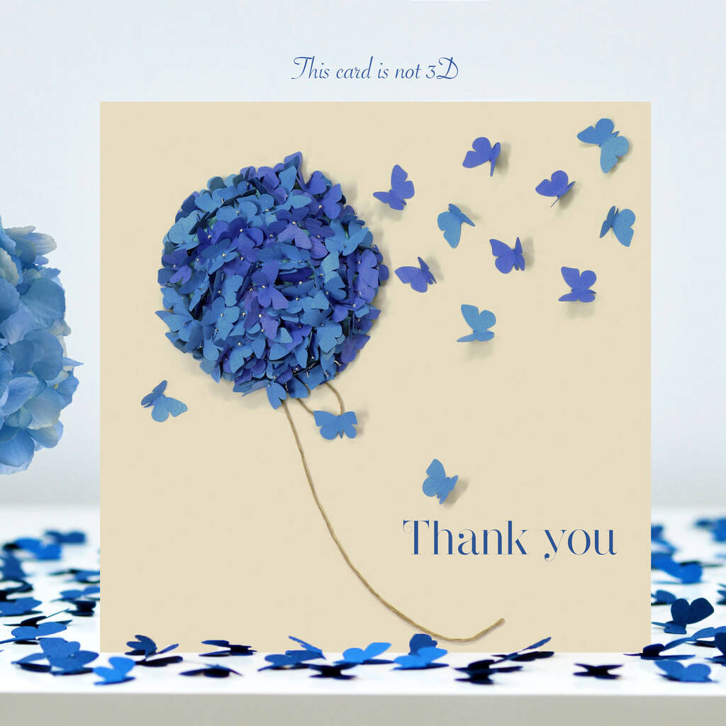 Butterfly And Blue Hydrangea Thank You Card, Not 3D, 1 of 12
