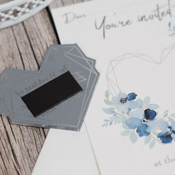 Geometric Heart Blue Floral Wedding Invitation Magnet, 5 of 6