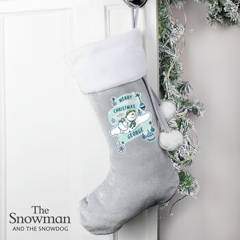 Personalised The Snowman And The Snowdog Luxury Silver Grey Christmas Stocking, 2 of 4