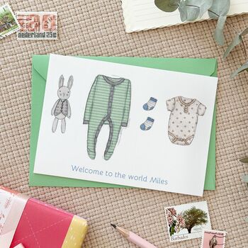 Personalised Green New Baby Clothes Card, 3 of 7