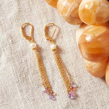 Pearl Sapphire Gold And Silver Dangly Chain Earrings, 2 of 8