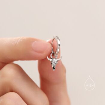 Sterling Silver Tiny Bull Skull Huggie Hoop Earrings, 4 of 10