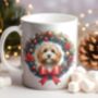 Personalised Sand Cockapoo Christmas Wreath Dog Mug, thumbnail 1 of 2