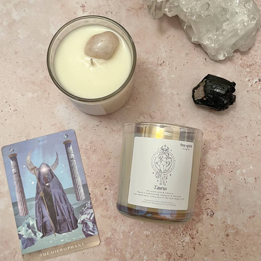 Taurus Rose Quartz Crystal Candle By Free Spirit Living Co