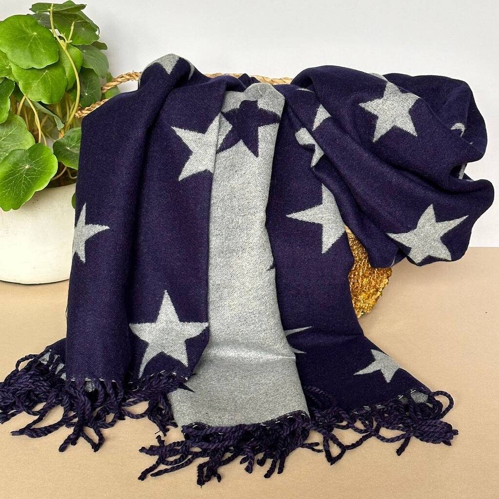 Cashmere Blend Star Scarf In Navy Blue And Grey By Nest Gifts