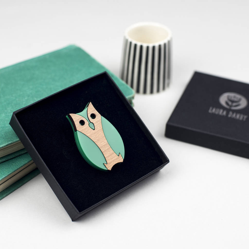 Owl Brooch Made From Green Acrylic And Wood, 1 of 11