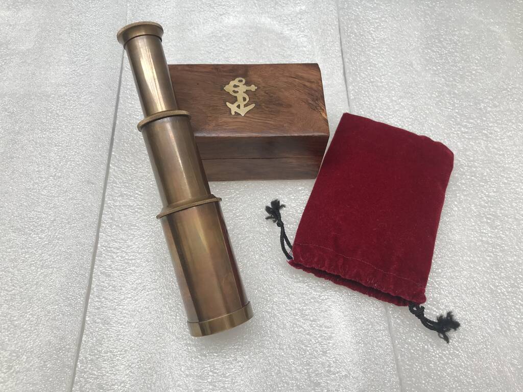 six inch brass handheld mini telescope with wooden box by reason season time london