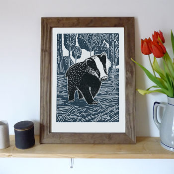Young Badger Linocut Poster Print, 2 of 3