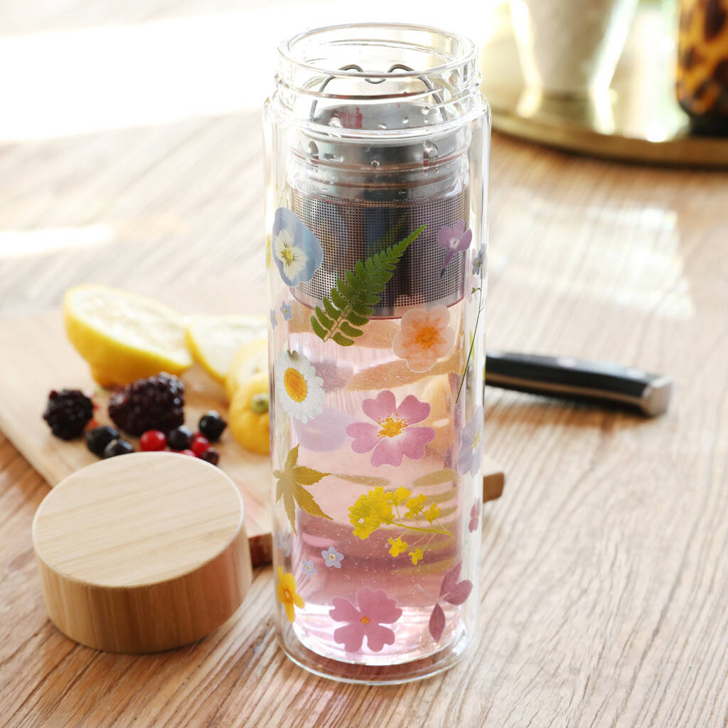 Pressed Flowers Glass Water Bottle With Infuser By Lisa Angel