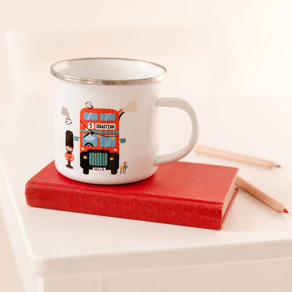 Personalised Children's London Bus Enamel Mug, 1 of 5