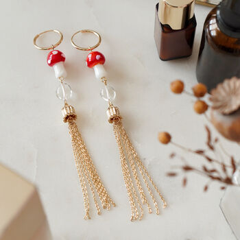 Xl Length Mushroom And Quartz Tassel Drop Hoop Earrings, 2 of 3