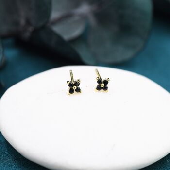 Sterling Silver Black Cz Flower Stud Earrings, 3 of 12