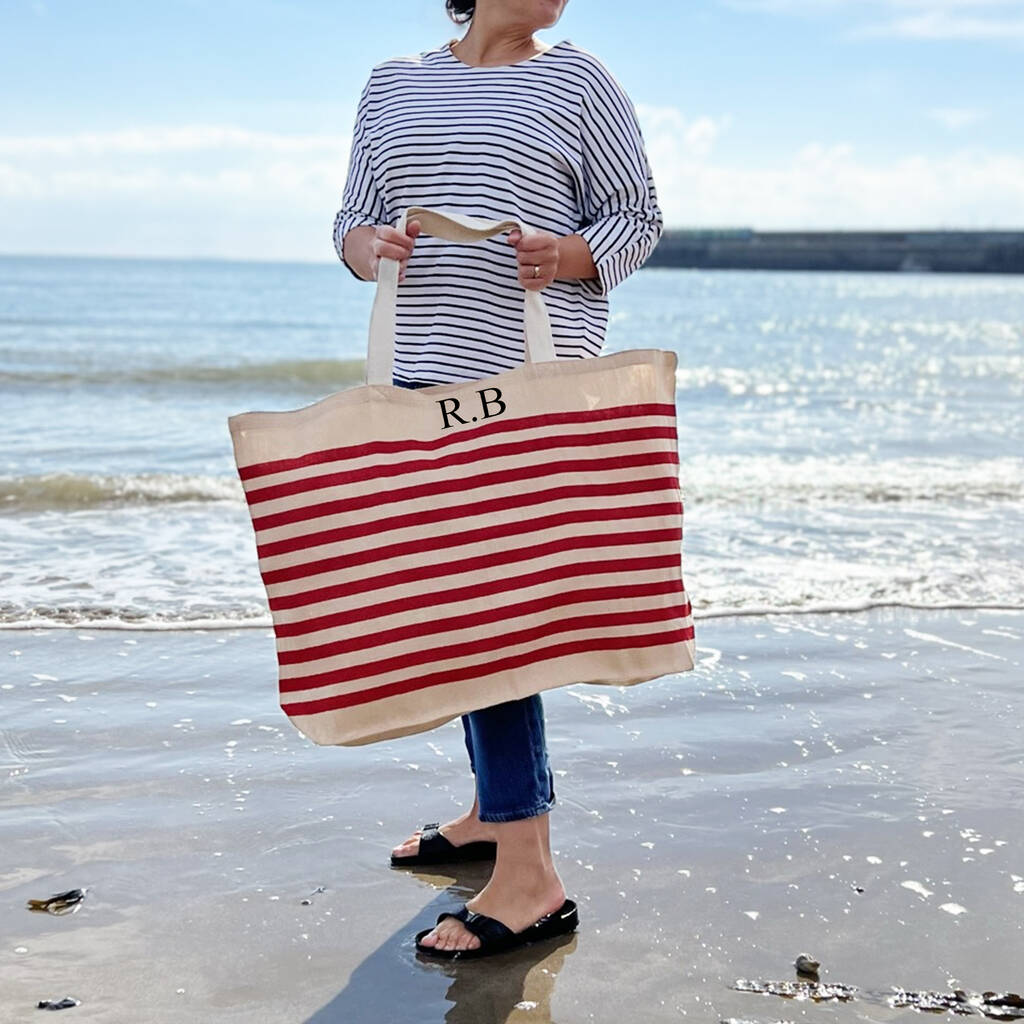 Personalised Monogram Red Stripe Beach And Shopping Bag, 1 of 6