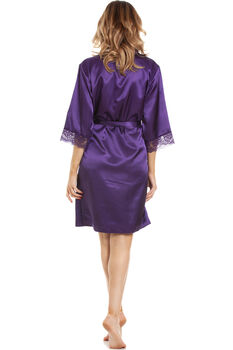 British Made Purple Short Satin Dressing Gown With Lace Detail, 5 of 5