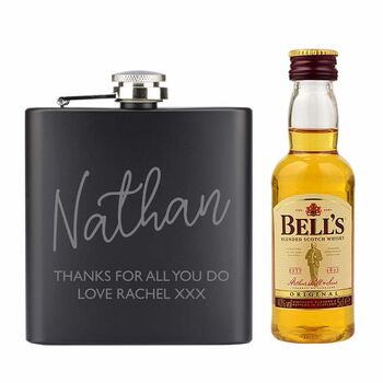 Personalised Hip Flask And Miniature Bells Whisky Gift, 3 of 4