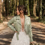 Green Celestial Cropped Bride Leather Jacket, thumbnail 8 of 9