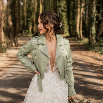 Green Celestial Cropped Bride Leather Jacket, 8 of 9