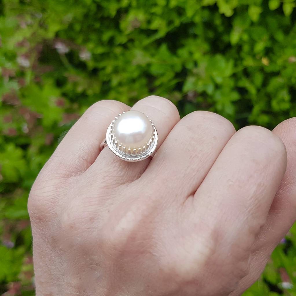 White Pearl Cocktail Ring, Silver Big Pearl Ring By