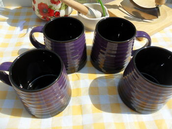 Set Of Four Reactive Glaze Brûlée Mugs In Black And Deep Purple, 6 of 8