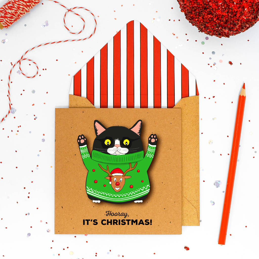 Handmade Christmas Jumper Cat Personalised Card Pack