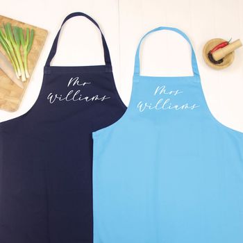 Mr And Mrs Personalised Apron Script Style, 8 of 10