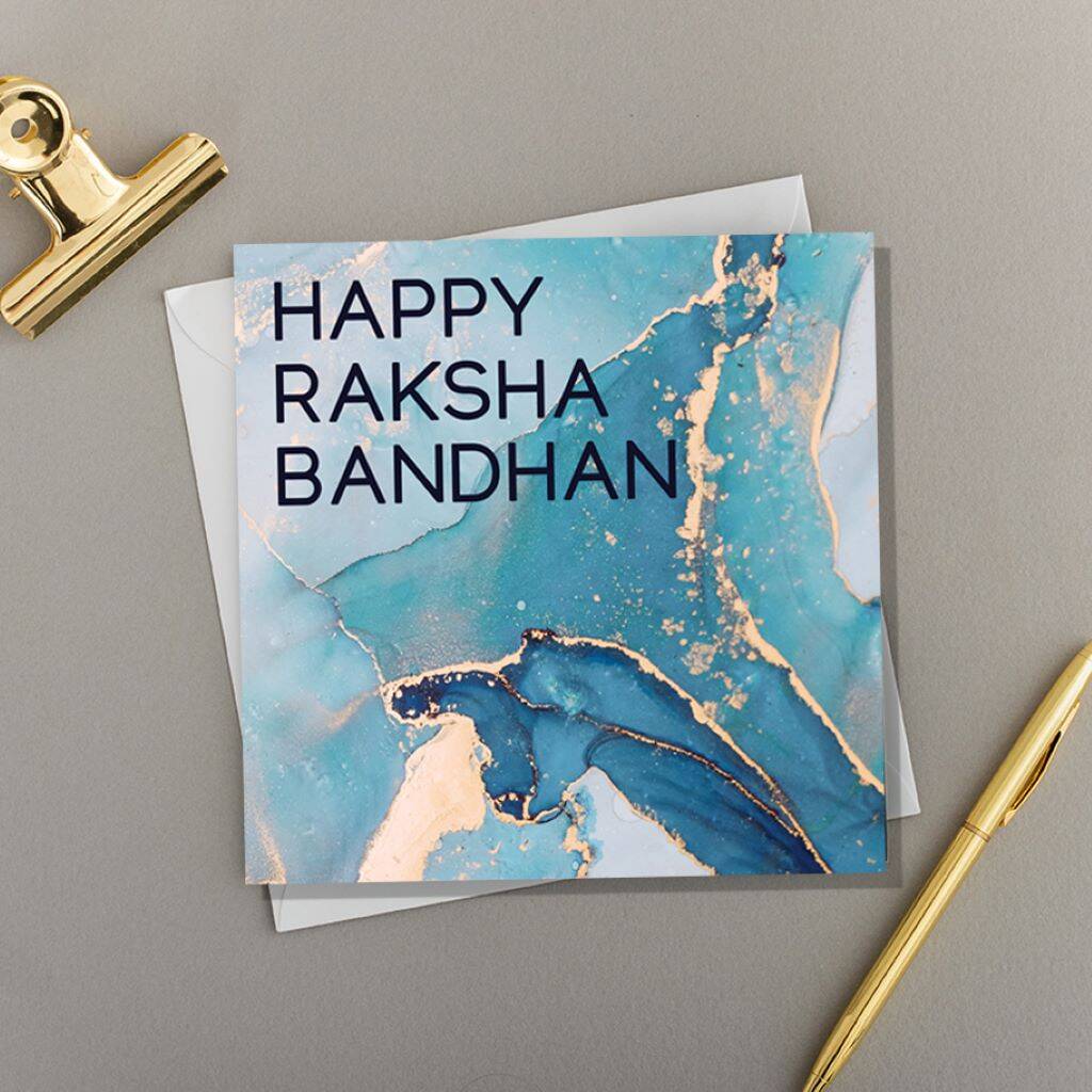 Happy Raksha Bandhan | Blue And Gold Marble Effect By Eastern Print Studio