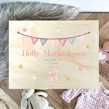 Personalised Pink Garland New Baby Keepsake Box, 2 of 7