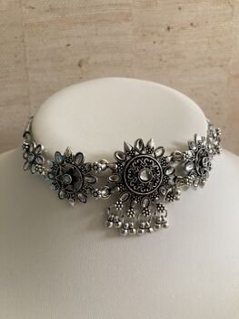 Indian Oxidised Pearl And Pota Stone Lightweight Choker Set, 9 of 9