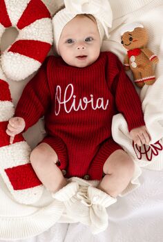 Christmas Embroidered Personalised New Baby Knitted Romper, 6 of 12