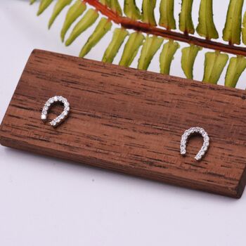 Sterling Silver Horseshoe Stud Earrings With Sparkling Cz Crystals, 6 of 12