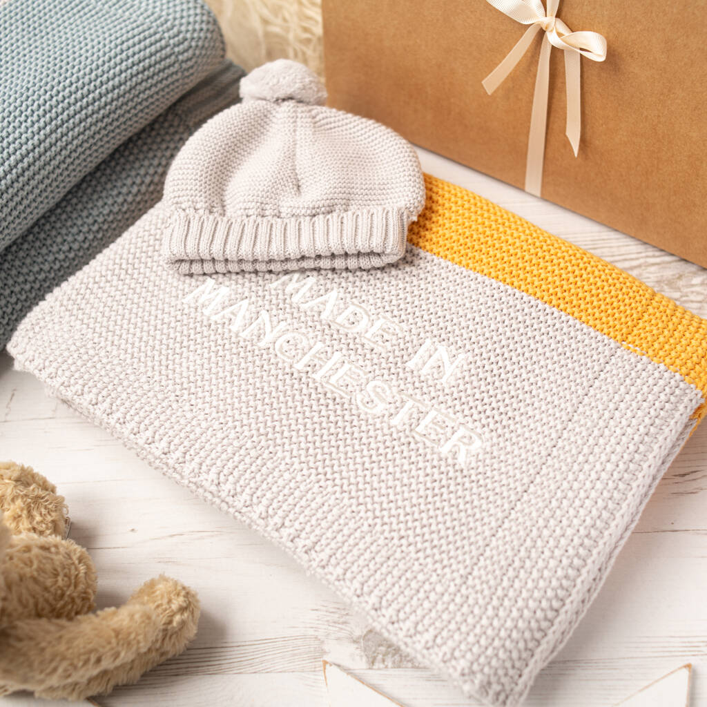 Amber And Grey Maxi Stripe Baby Hat And Blanket Set By Toffee Moon