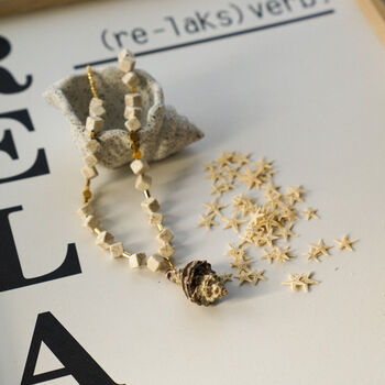 Cream Geometric Beaded Necklace With Natural Spiral Shell Pendant, 4 of 5