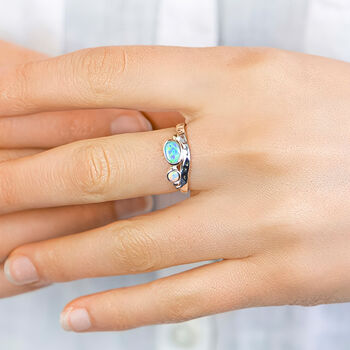 Molten Sterling Silver Blue And White Opal Due Ring, 3 of 5