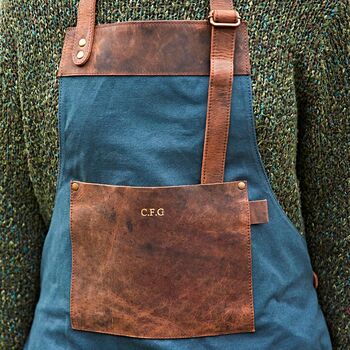 Personalised Blue Canvas And Leather Apron, 2 of 6