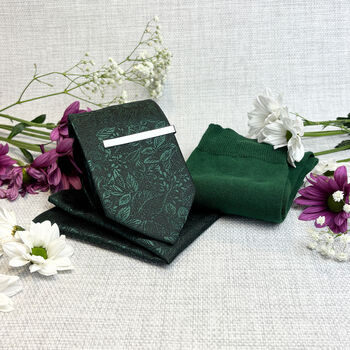 Dark Green Woodland Leaves Wedding Tie Set, 2 of 4