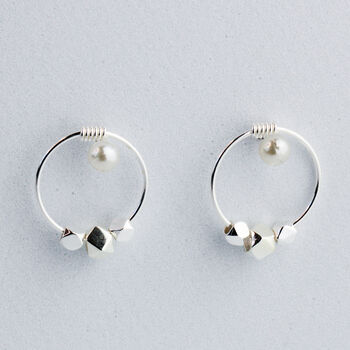 Sterling Silver Geometric Bead Small Hoop Earrings, 4 of 5