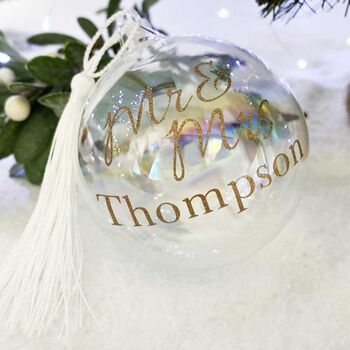 Personalised Couples Iridescent Glass Christmas Bauble, 2 of 3