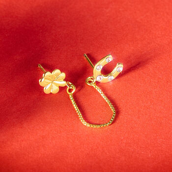 Gold Plated Lucky Horseshoe And Clover Double Earring, 2 of 4