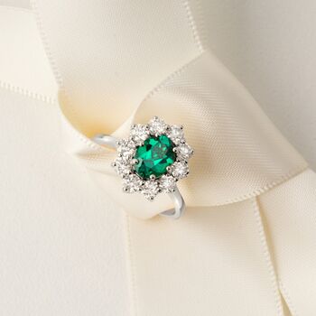 Emerald Halo Engagement Ring In Sterling Silver And Gold, 10 of 12