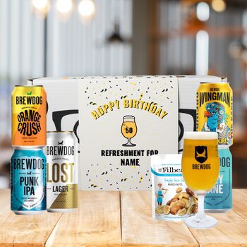 Personalised Brewdog Happy Birthday Craft Beer Gift Set With Glass And Snack Five Can, 2 of 6