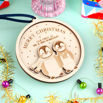 Personalised Couples Penguin Christmas Tree Decoration, 3 of 6