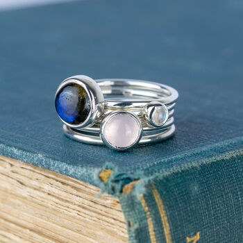 Frozen Sterling Silver Gemstone Stacking Rings With Labradorite, Rose Quartz And Moonstone, 3 of 6