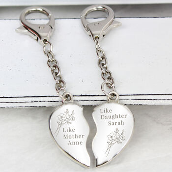 Engraved Floral Mother Daughter Two Heart Keyring, 3 of 4