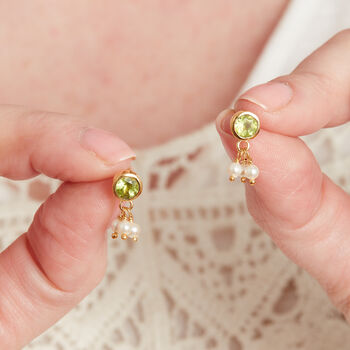 Green Peridot Pearl Gold And Silver Stud Drop Earrings, 5 of 11