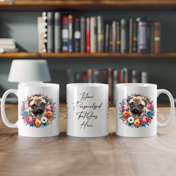 Personalised Pug Summer Floral Dog Wreath Cushion And Mug Gift Bundle, 3 of 4