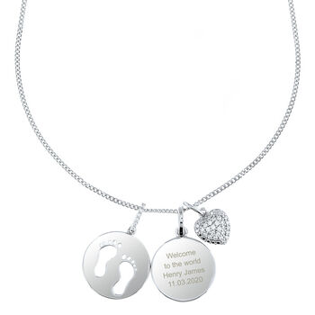 Silver Footprints And Zirconia Heart Necklace, 2 of 5