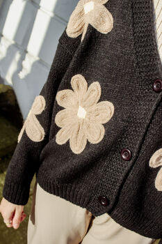 Black Crochet Applique Brown Floral Cardigan, 8 of 10