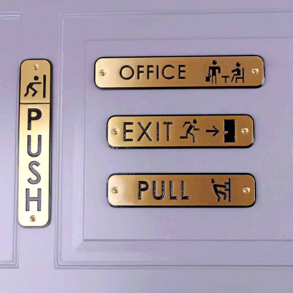 G Decor Premium Lacquered Polished Brass Door Sign Engraved Push, Pull, Exit, Or Office Plaque For Indoor Or Outdoor Display, 1 of 5