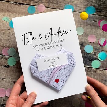 Personalised Map Engagement Congratulations Card, Origami Heart Card For A Special Couple Proposal Venue Location, 2 of 5
