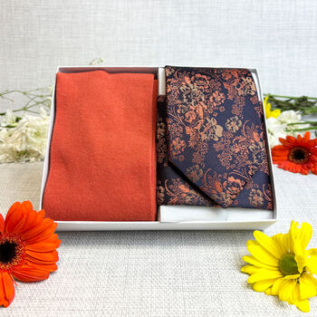 Navy And Orange Floral Wedding Tie Set, 5 of 6